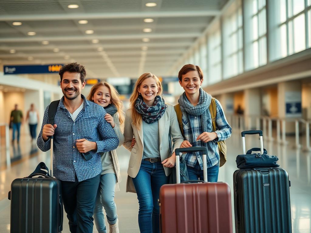 Family with luggage smiling in an airport terminal