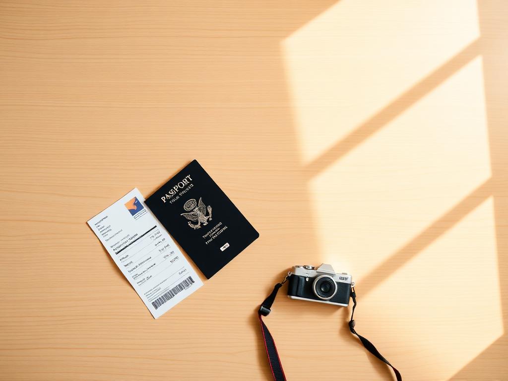 Passport, boarding pass and camera on a wooden desk