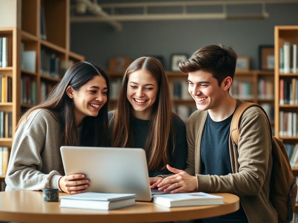 Three students smiling at a laptop in a library