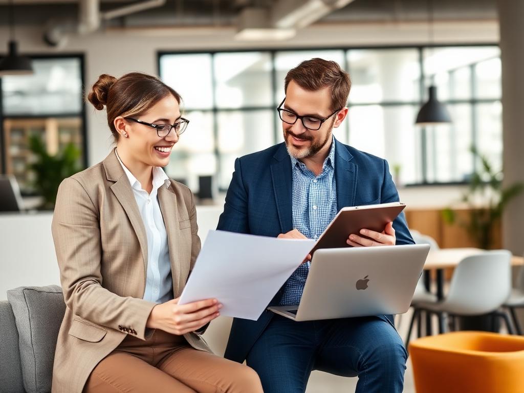 Two entrepreneurs reviewing a business plan in a modern office