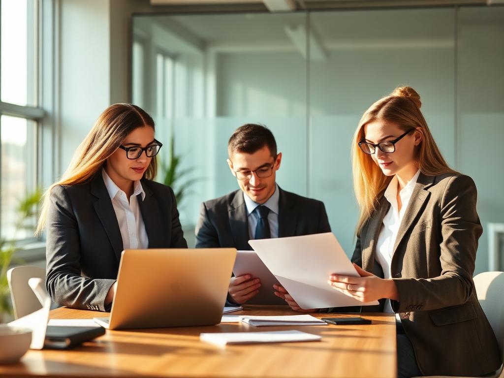 Three professionals reviewing documents in a modern office